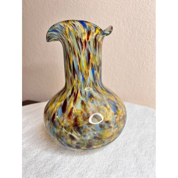 Hand-Blown Art Glass Vase Confetti Splash Swirl Pattern Ruffled Edge 7-3/4" - Picture 7 of 12
